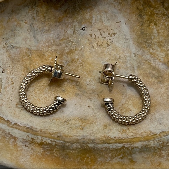 Lagos Sterling Silver Small Caviar Hoop Earrings w/ 14K Gold Posts, 5.45g - Picture 3 of 14